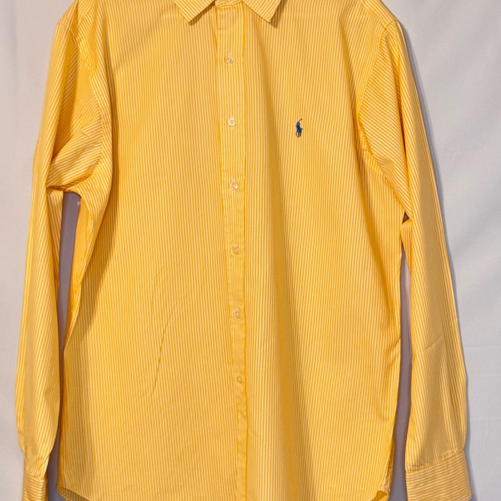 Ralph Lauren button dress shirt 
Size:17 neck XL
Color: Yellow and White